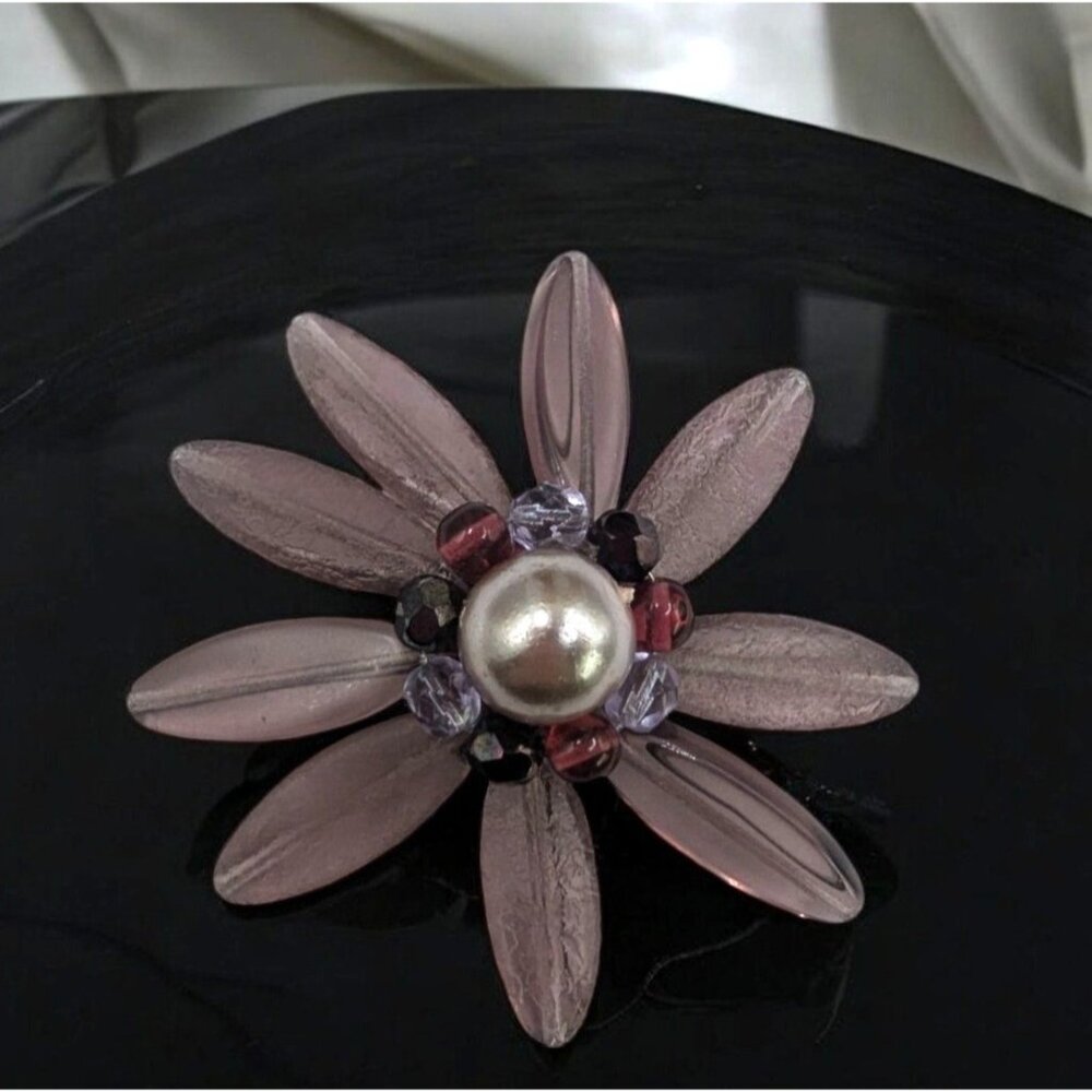 Vintage Lavender Big Flower Brooch Pin With Faux Pearl & Beads with Lucite Petal